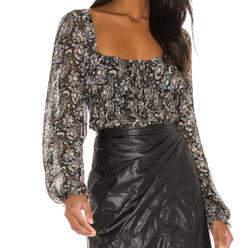 Free People Black Paisley Sheer Long Sleeve Smocked Blouse